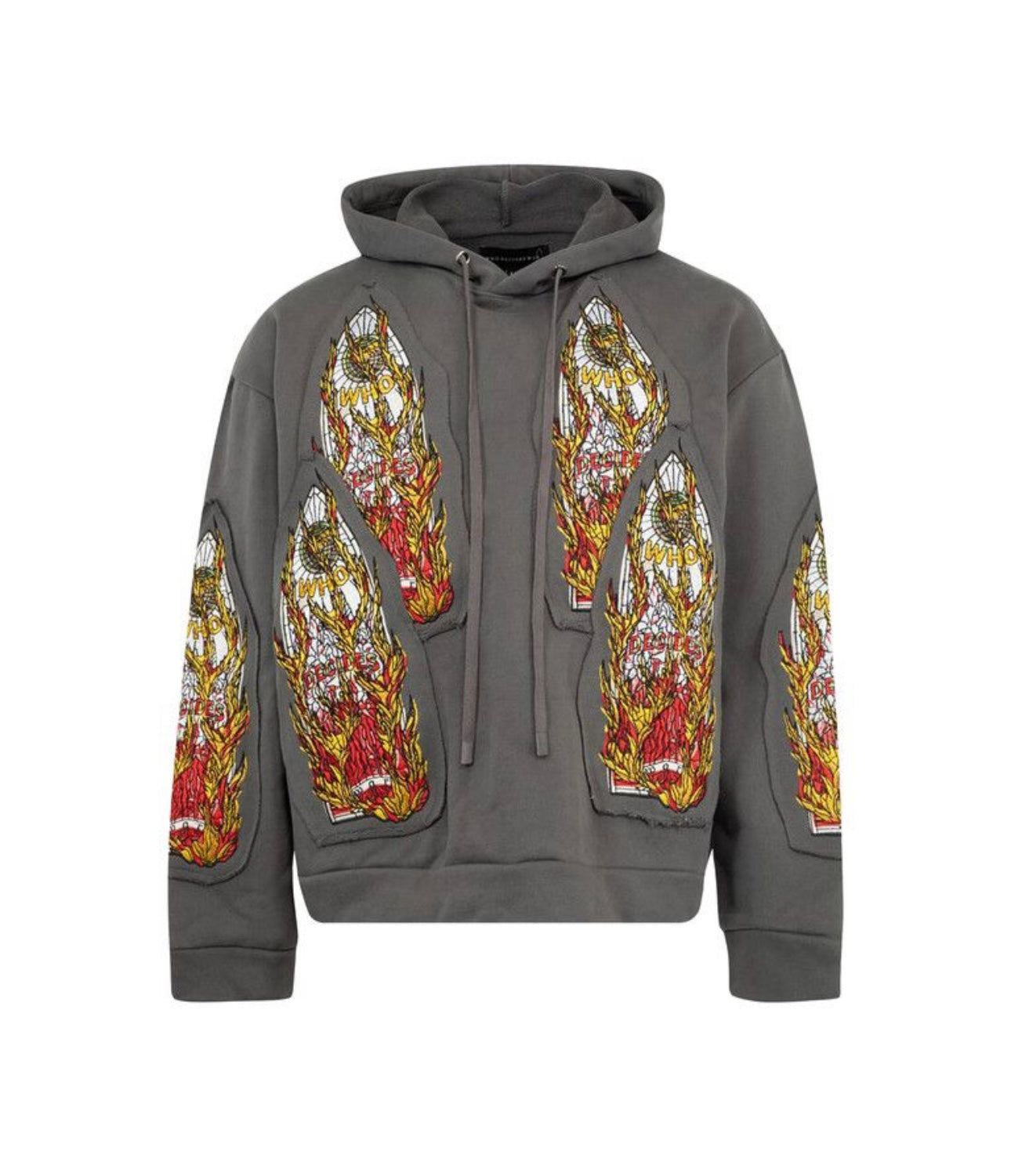 Who Decides War Flame Glass Embriodered Hoodie Vintage Grey