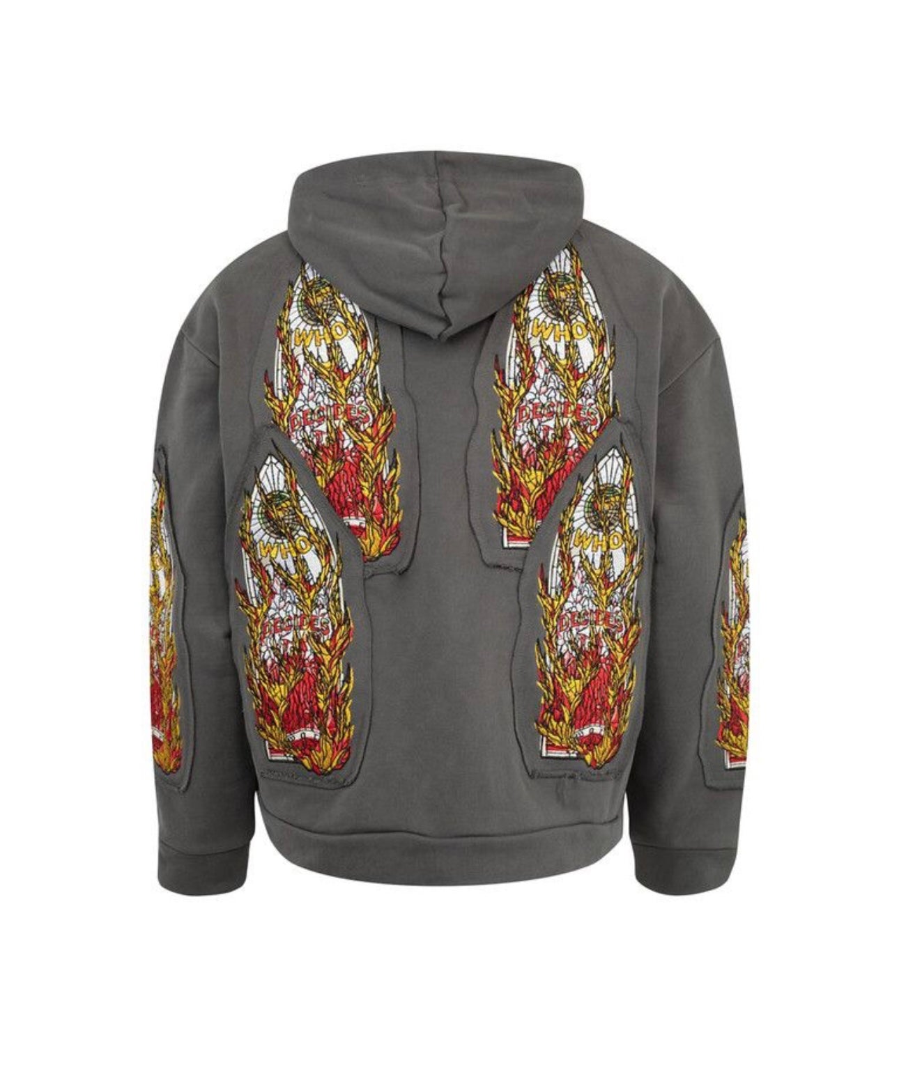 Who Decides War Flame Glass Embriodered Hoodie Vintage Grey