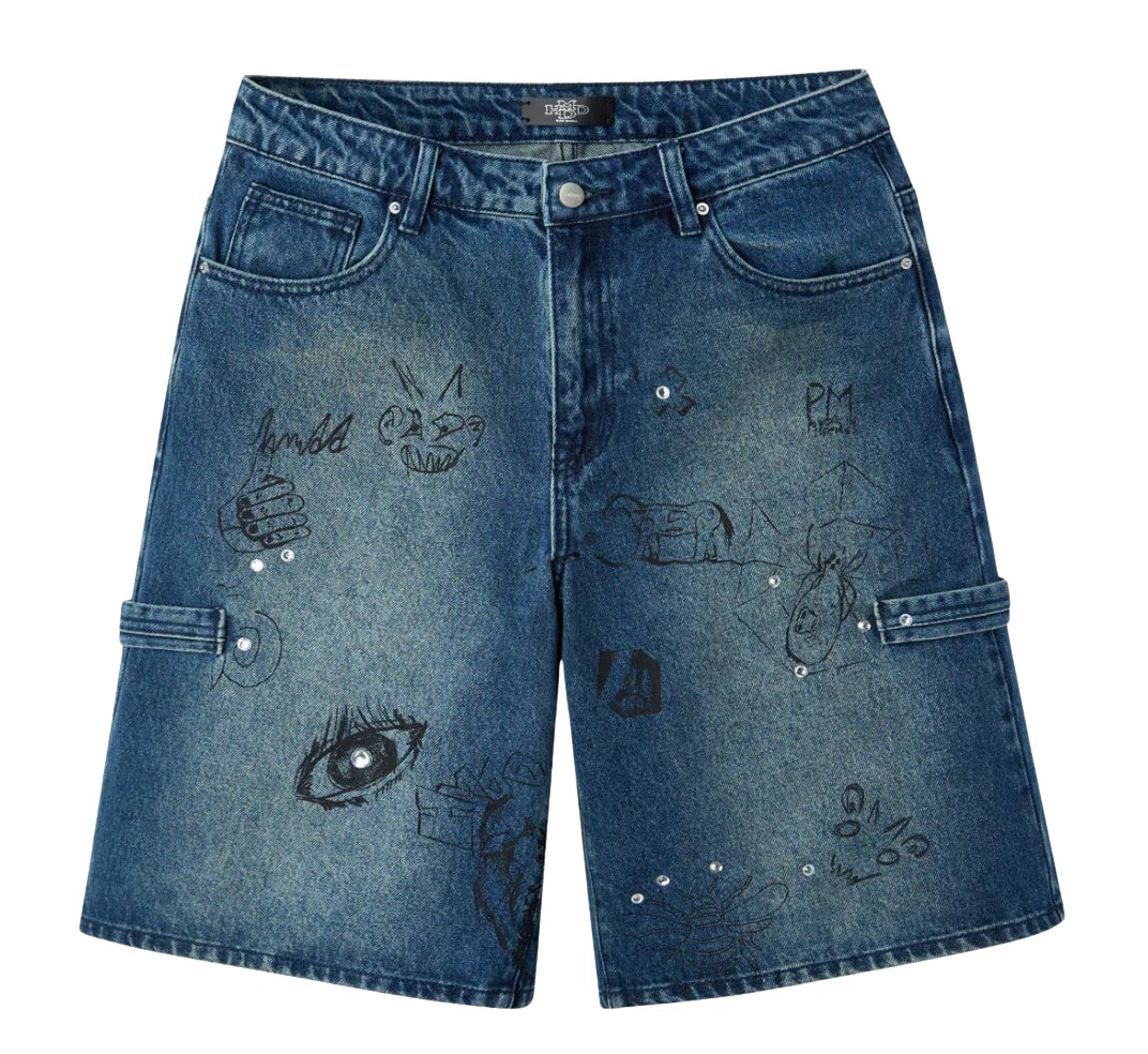 Happy Memories Dont Die Graffiti Jean Shorts Blue