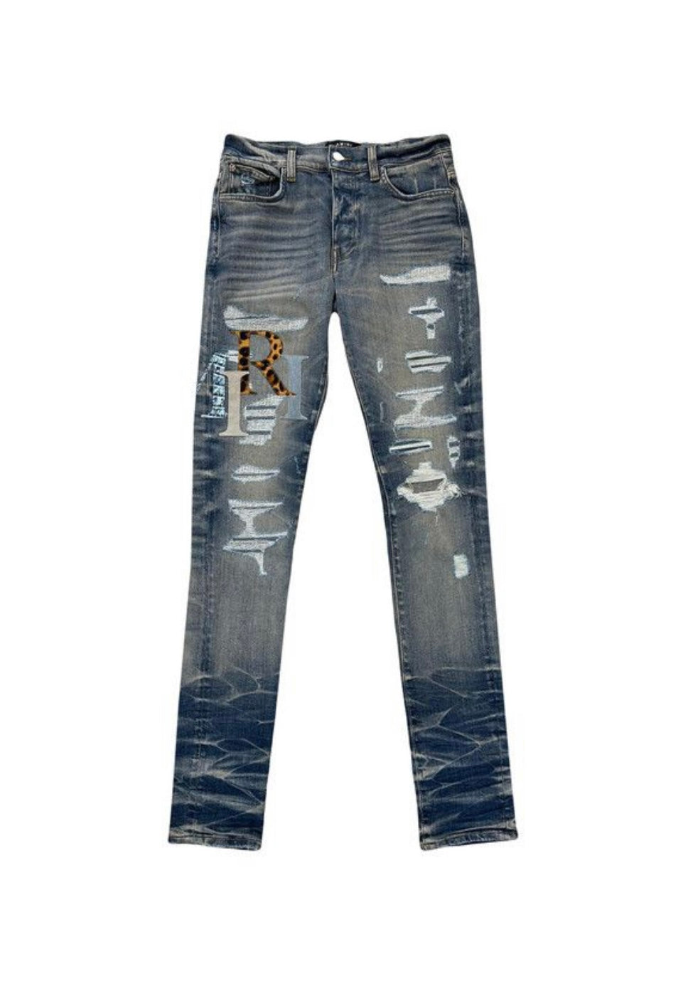 Amiri Jeans Leather Staggered Logo Vintage Indigo