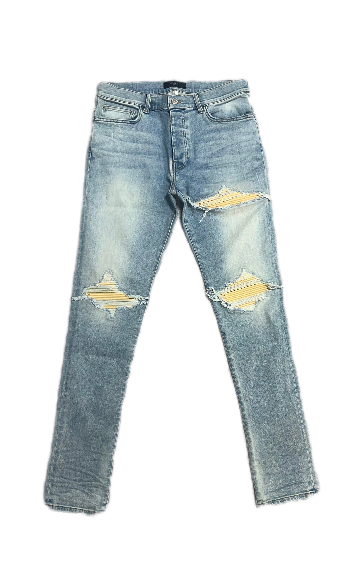 Amiri Jeans Blue MX1 Ultrasuede Yellow Patch