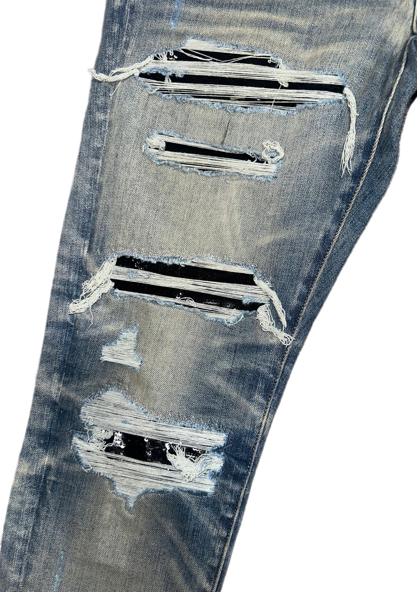Amiri Jeans Thrasher Black Sequin Patch Vintage Indigo