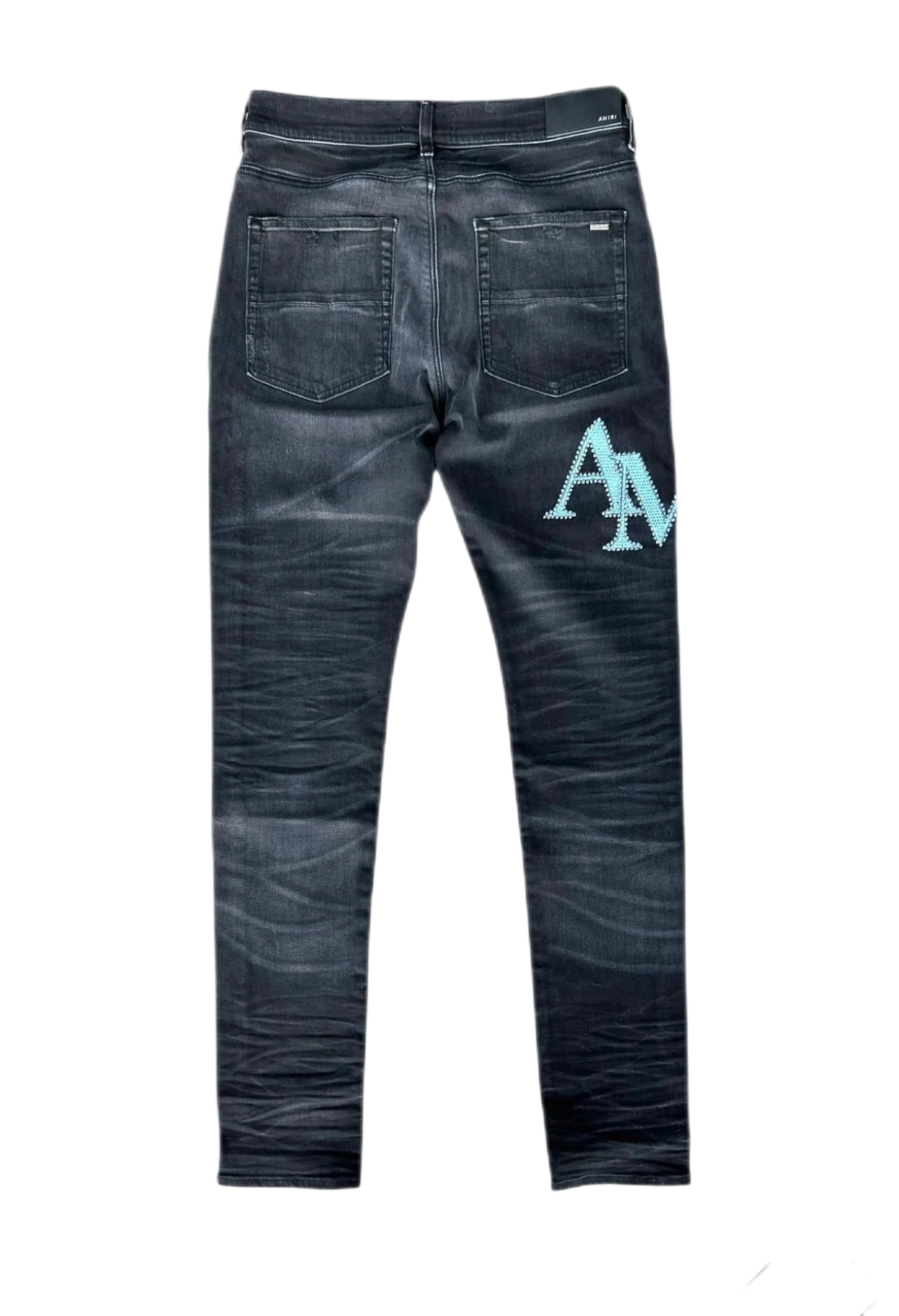 Amiri Jeans Staggered Logo Blue Crystal Faded Black