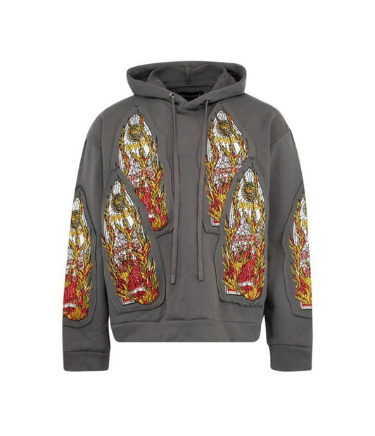 Who Decides War Flame Glass Embriodered Hoodie Vintage Grey
