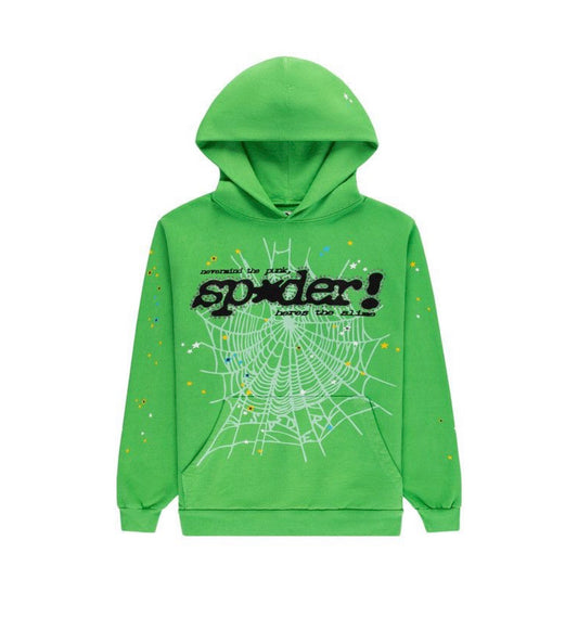 Sp5der Punk V2 Rhinestone Hoodie Bright Green