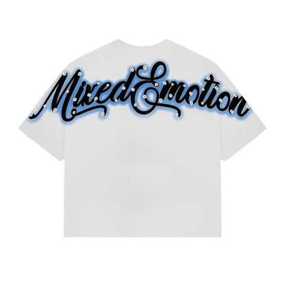 Mixed Emotion Blue Rhinestone T-Shirt White