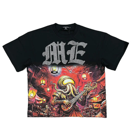 Mixed Emotion Octopus Rhinestone T-Shirt Black