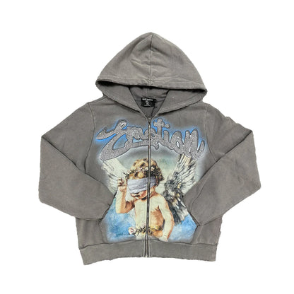 Mixed Emotion Rhinestone Hoodie Grey