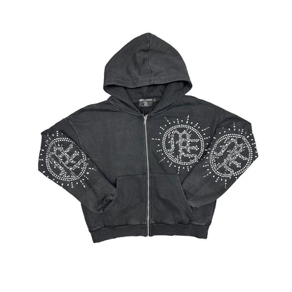 Mixed Emotion Eclipse Rhinestone Sweatsuit Grey Acid Wash