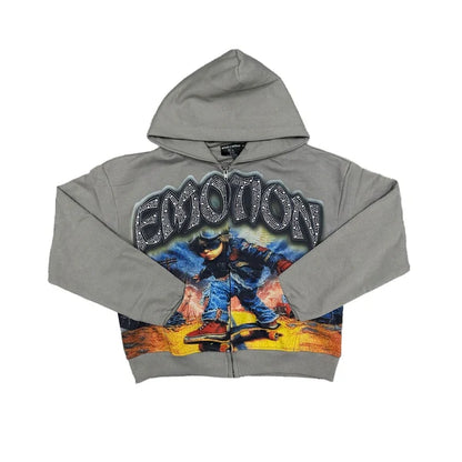 Mixed Emotion Last Ride Rhinestone Zip-Up Grey