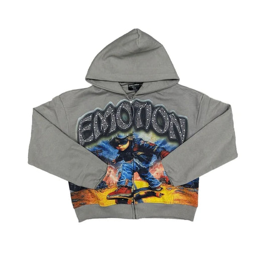 Mixed Emotion Last Ride Rhinestone Zip-Up Grey