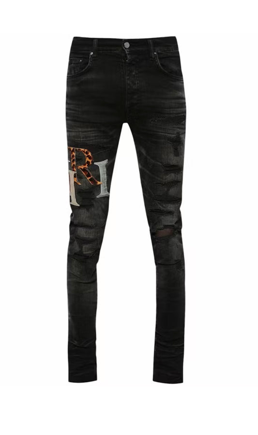 Amiri Jeans Leather Staggered Logo Faded Black