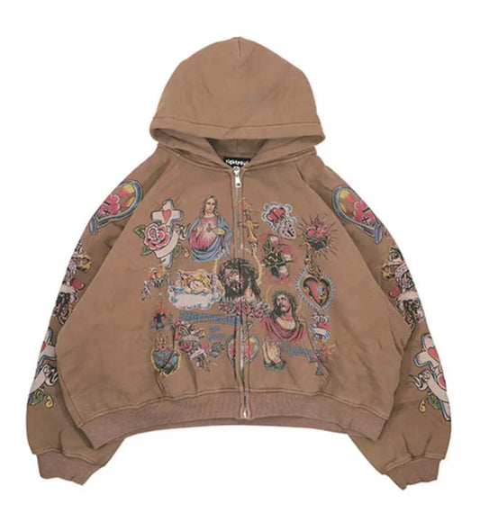 Righteous Risen King Cropped Zip-Up Brown