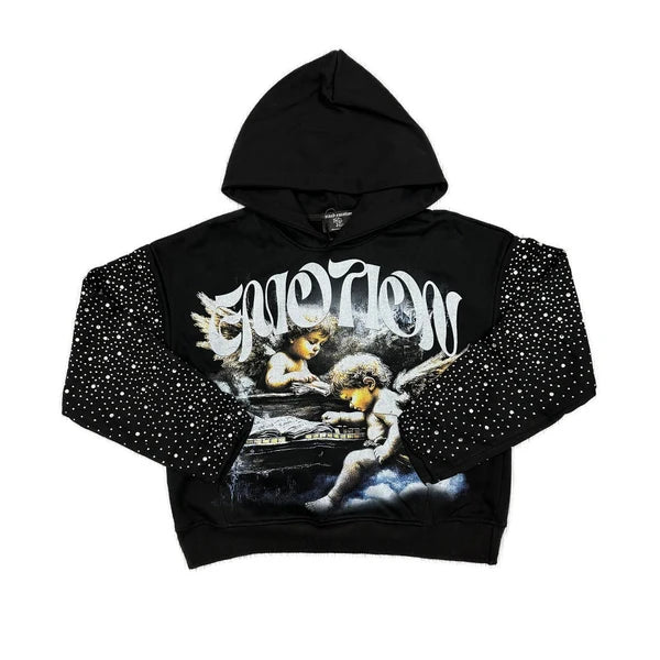 Mixed Emotion Fallen Angels Rhinestone Hoodie Black
