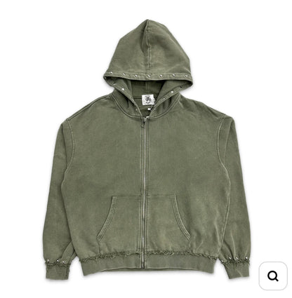 Saint Vanity French Terry Studded Zip-Up Green