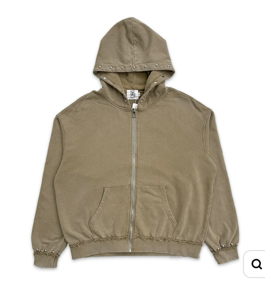 Saint Vanity French Terry Studded Zip-Up Tan