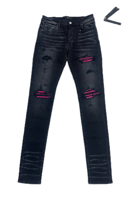 Amiri Jeans MX1 Black Cracked Pink Leather Patch