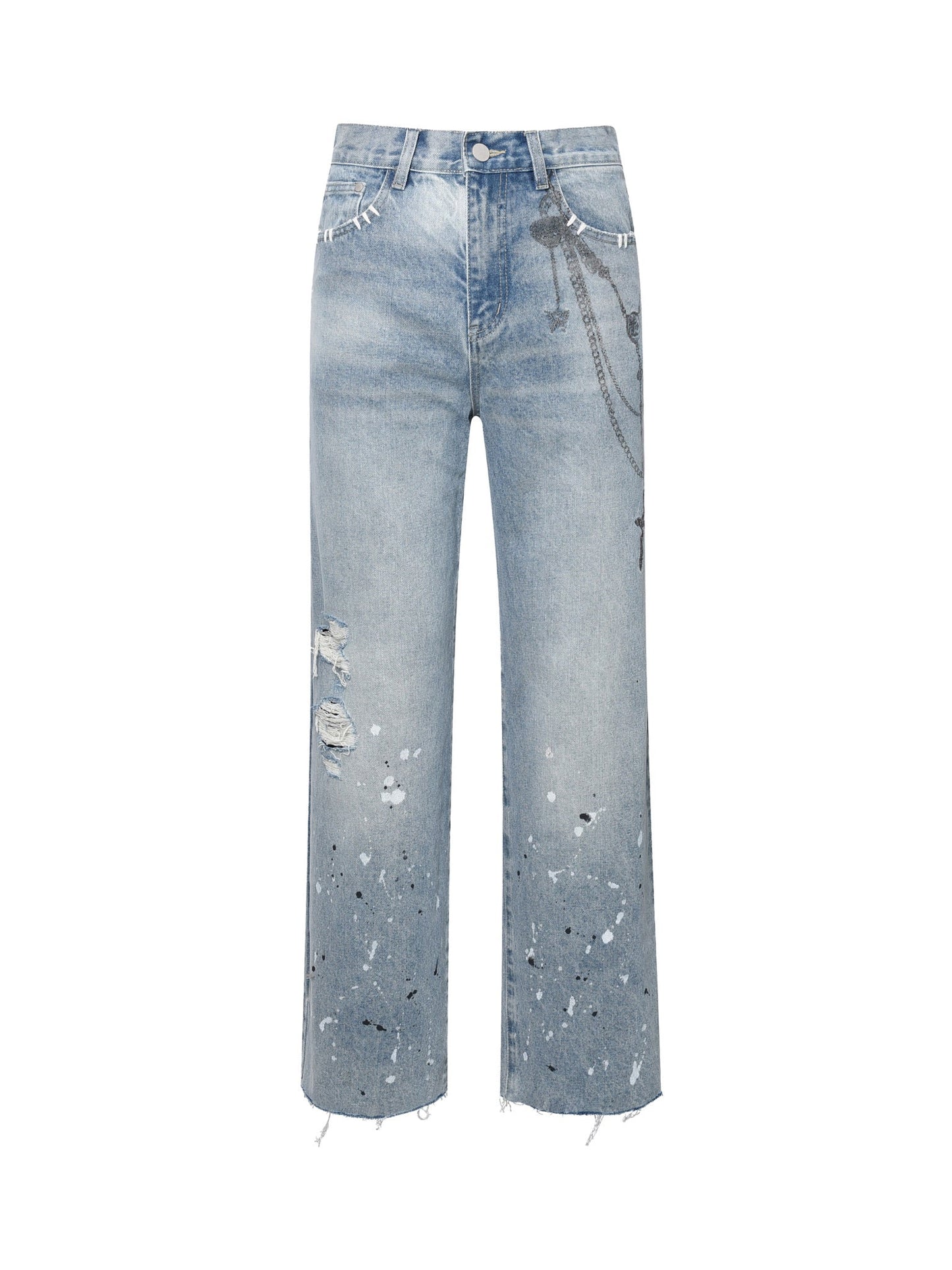 Birth Of Royal Child Ink Print Detailed Patch Jeans Blue
