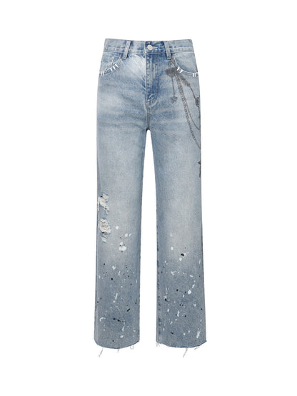 Birth Of Royal Child Ink Print Detailed Patch Jeans Blue