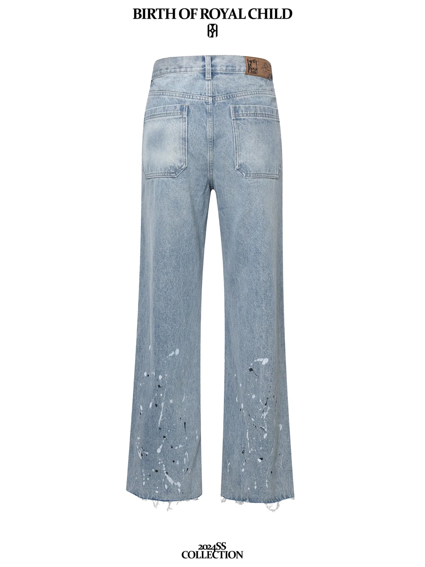 Birth Of Royal Child Ink Print Detailed Patch Jeans Blue