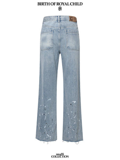 Birth Of Royal Child Ink Print Detailed Patch Jeans Blue