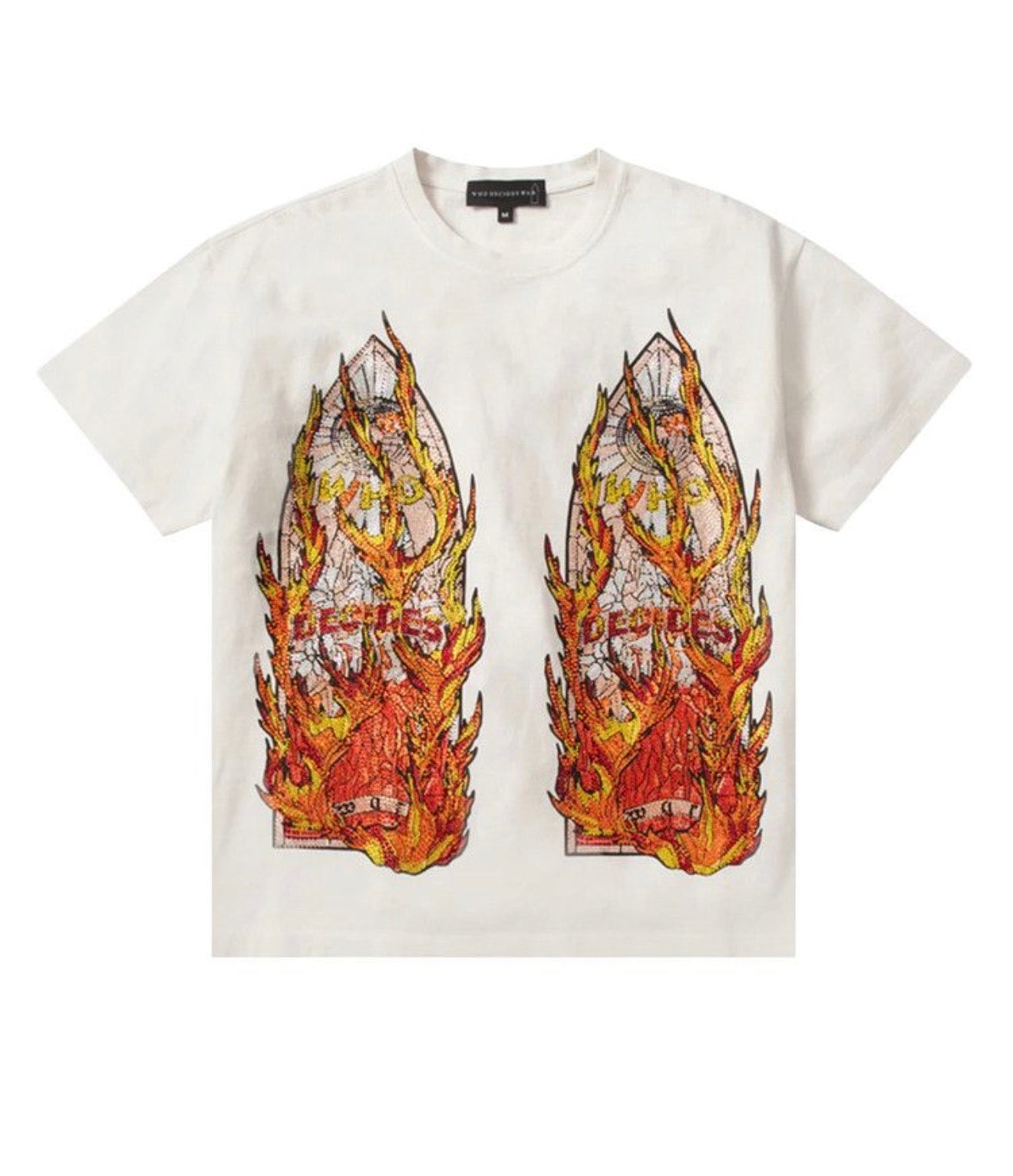 Who Decides War Rhinestone Flame Glass T-Shirt White