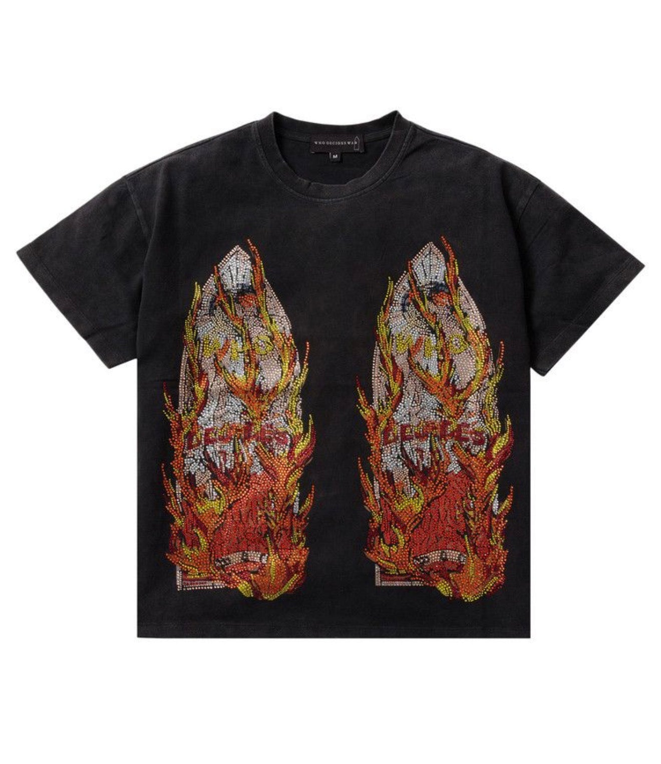 Who Decides War Rhinestone Flame Glass T-Shirt Black
