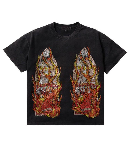 Who Decides War Rhinestone Flame Glass T-Shirt Black