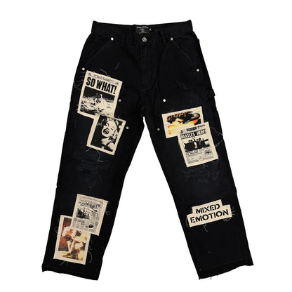 Mixed Emotion Newspaper Carpenter Pants Black