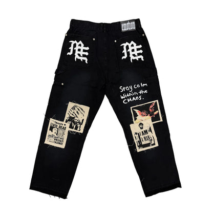 Mixed Emotion Newspaper Carpenter Pants Black