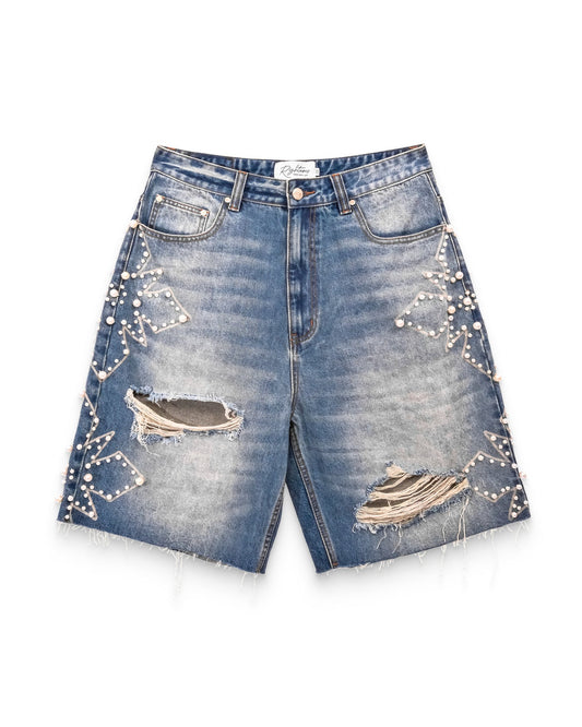 Righteous Pearl Distressed Jean Shorts Blue