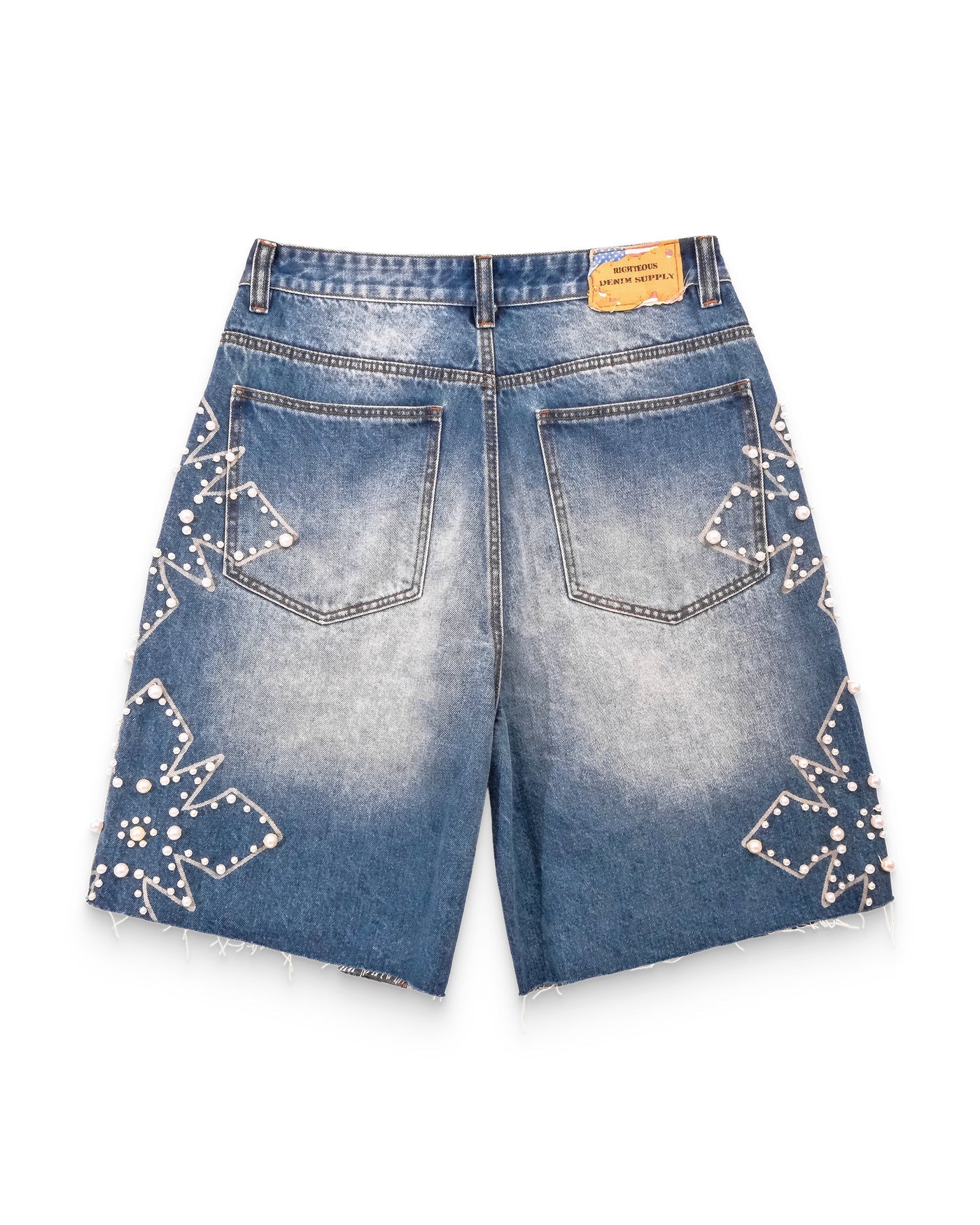 Righteous Pearl Distressed Jean Shorts Blue