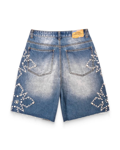 Righteous Pearl Distressed Jean Shorts Blue