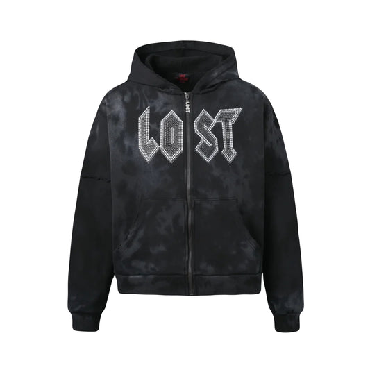 Lost Intricacy Tie Dye Man Rhinestone Zip-Up Black