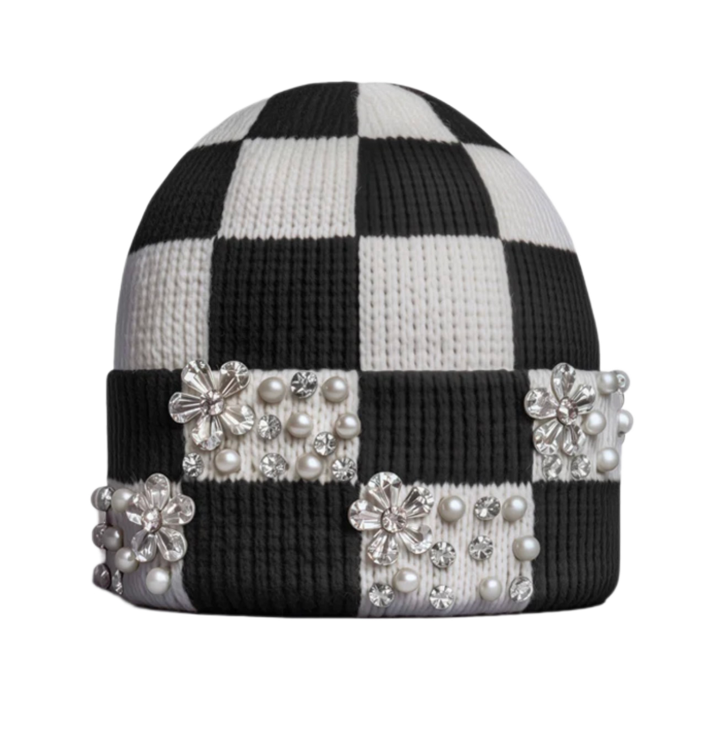 Louis Crown Checkerboard Cherry Blossom Beanie Black/White