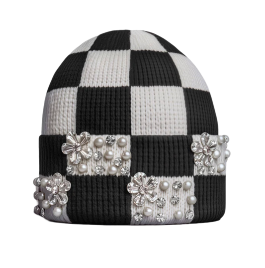 Louis Crown Checkerboard Cherry Blossom Beanie Black/White