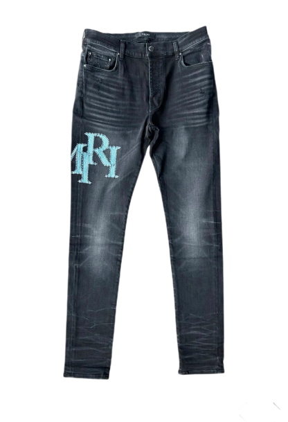 Amiri Jeans Staggered Logo Blue Crystal Faded Black