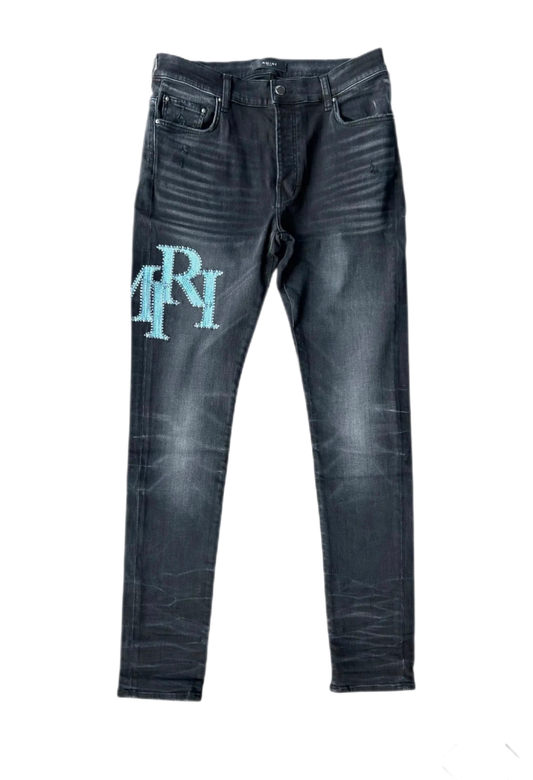 Amiri Jeans Staggered Logo Blue Crystal Faded Black