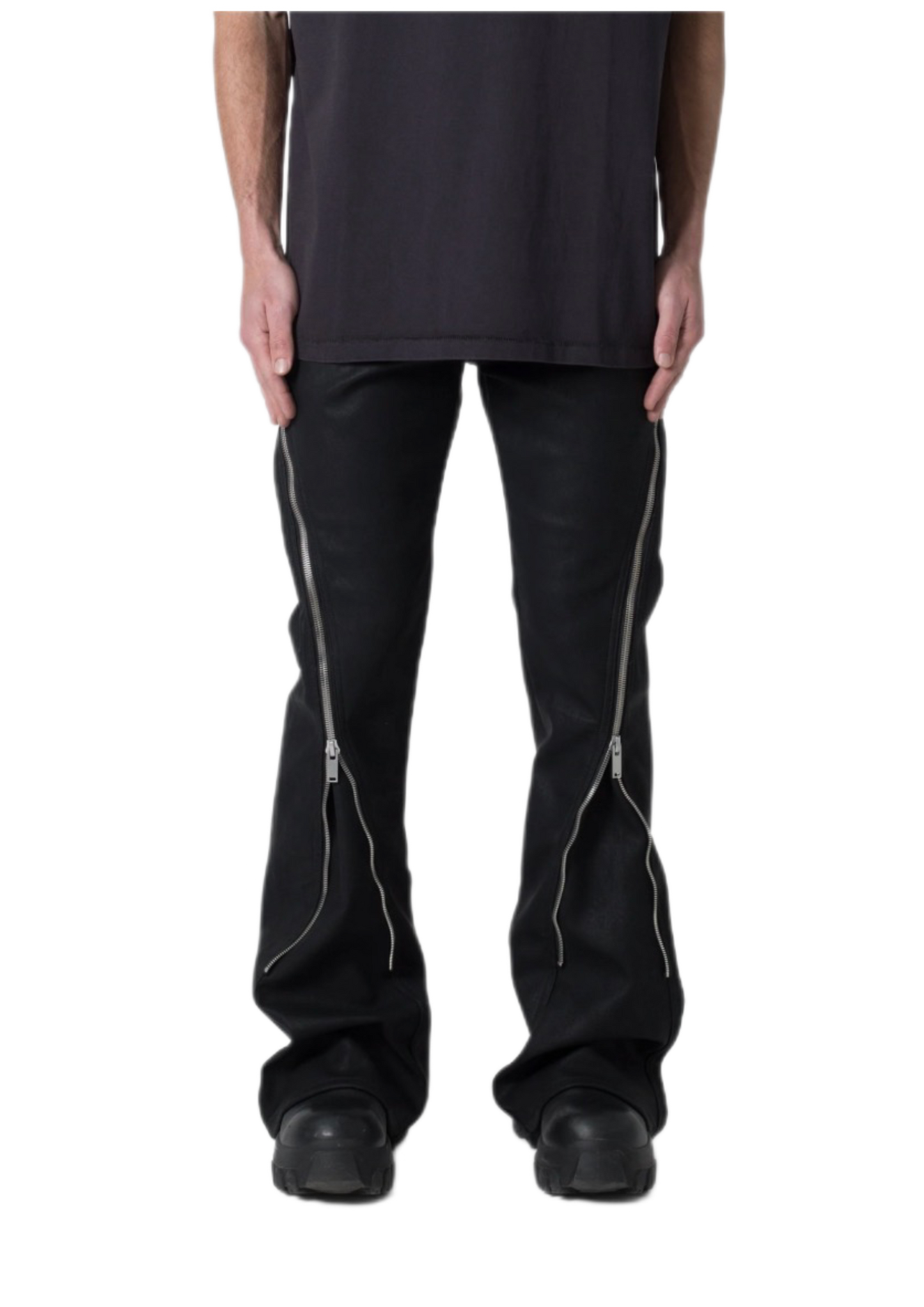 Mnml D519 Leather Zipper Flare Pants Black