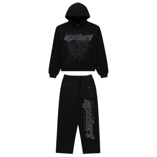 Sp5der Punk V2 Rhinestone Sweatsuit Black