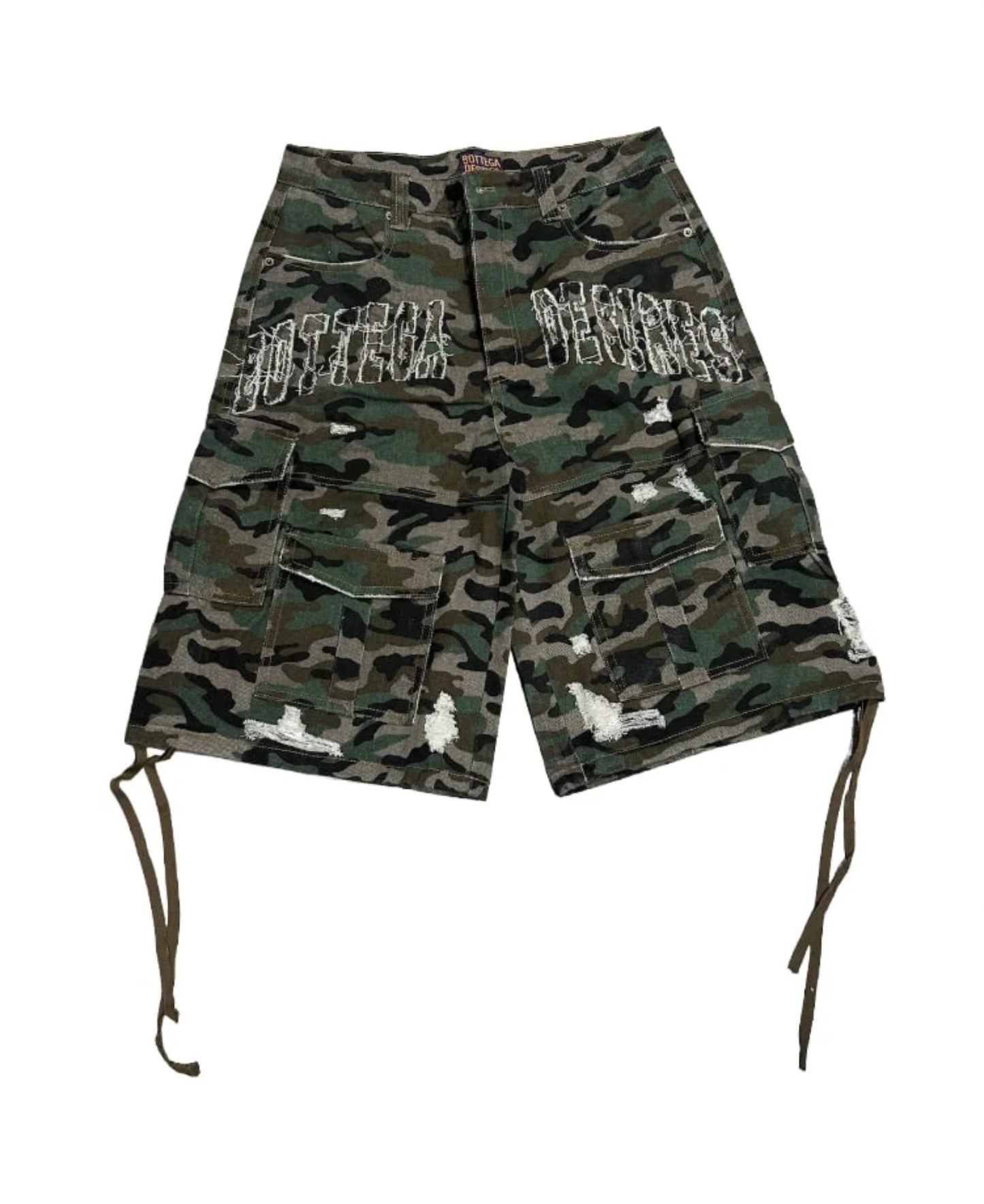 Bottega Desires Distressed Cargo Shorts Camo