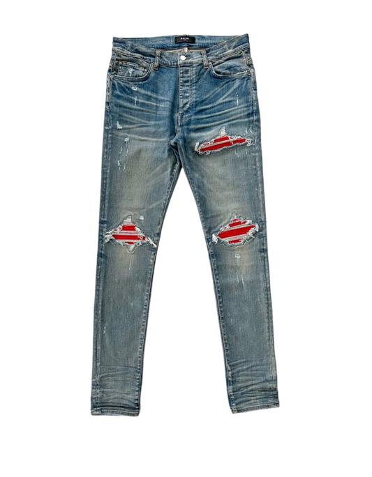 Amiri Jeans MX1 Ultrasuede Red Patch Clay Indigo