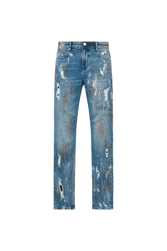RTA Jeans Clayton Distressed Paint Glitch Blue