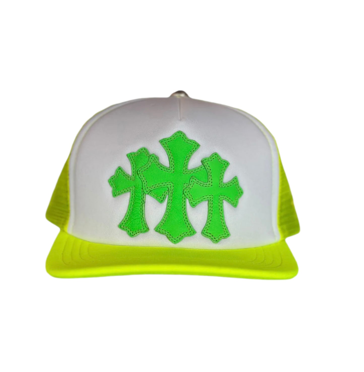 Chrome Hearts Cemetery Cross Patch Trucker Hat Neon Yellow