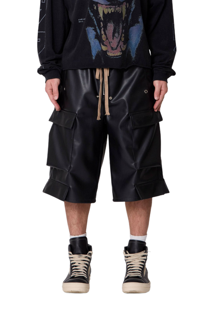MNML Leather Rave Cargo Shorts Black