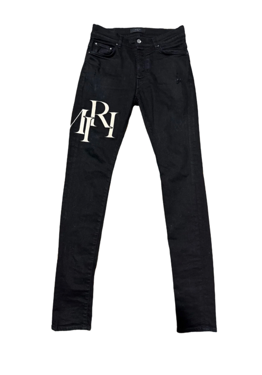 Amiri Jeans Staggered Logo Cream Leather Patch Black