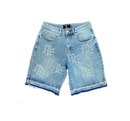 Mixed Emotions Rhinestone Jean Shorts Blue