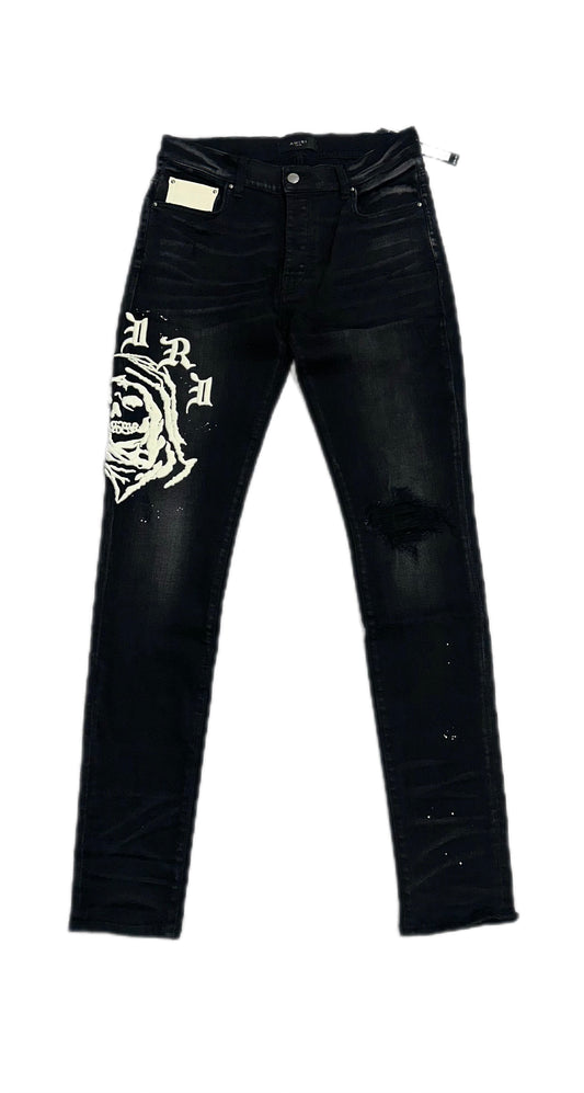 Amiri Jeans Wes Lang Reaper Logo Aged Black White Patch