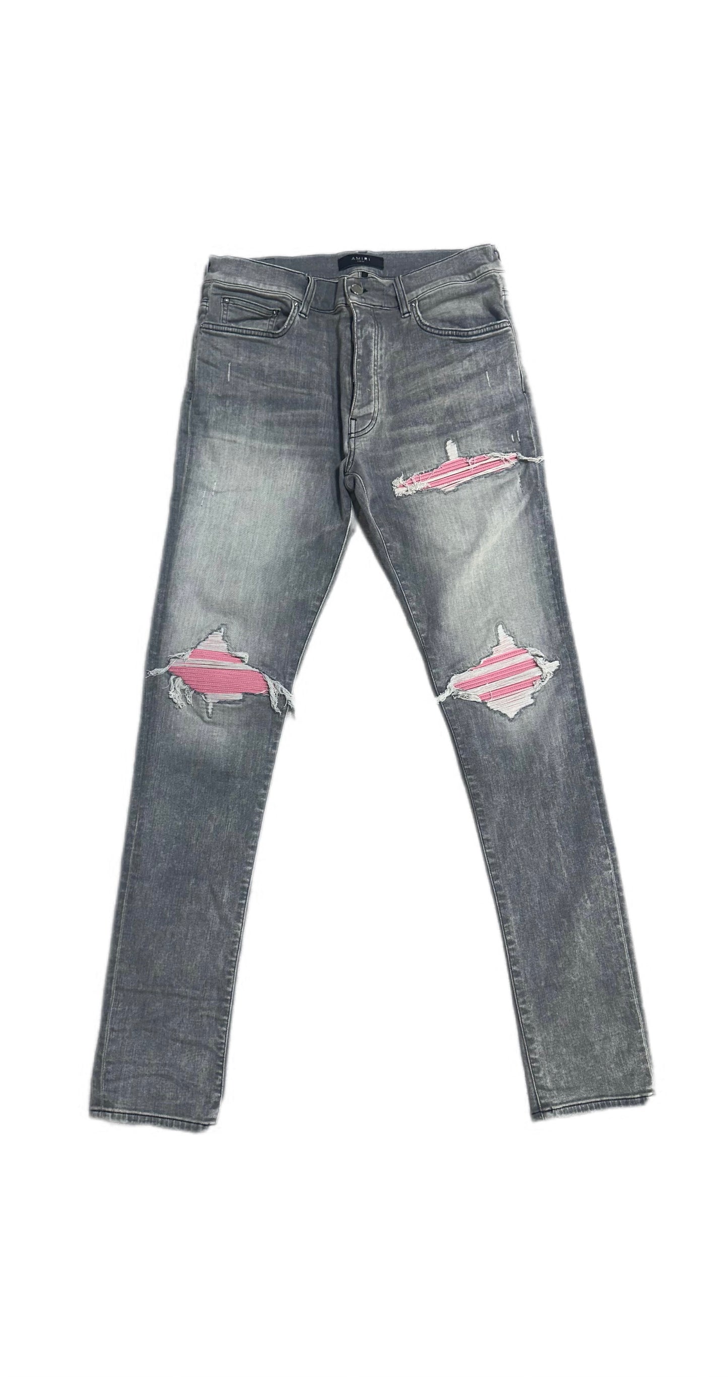 Amiri Jeans Light Grey MX1 Ultrasuede Pink Patch
