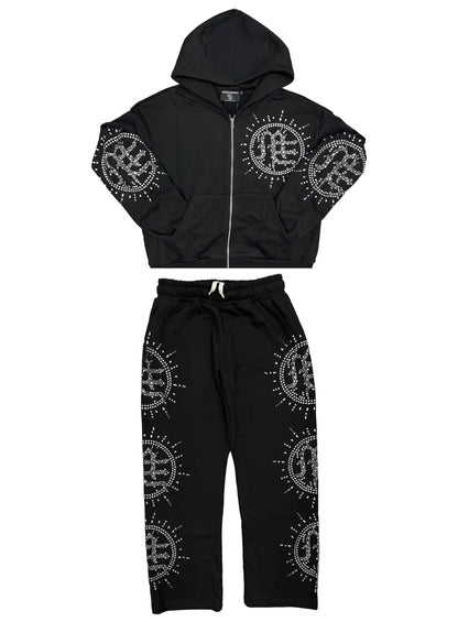 Mixed Emotion Eclipse Rhinestone Sweatsuit Black